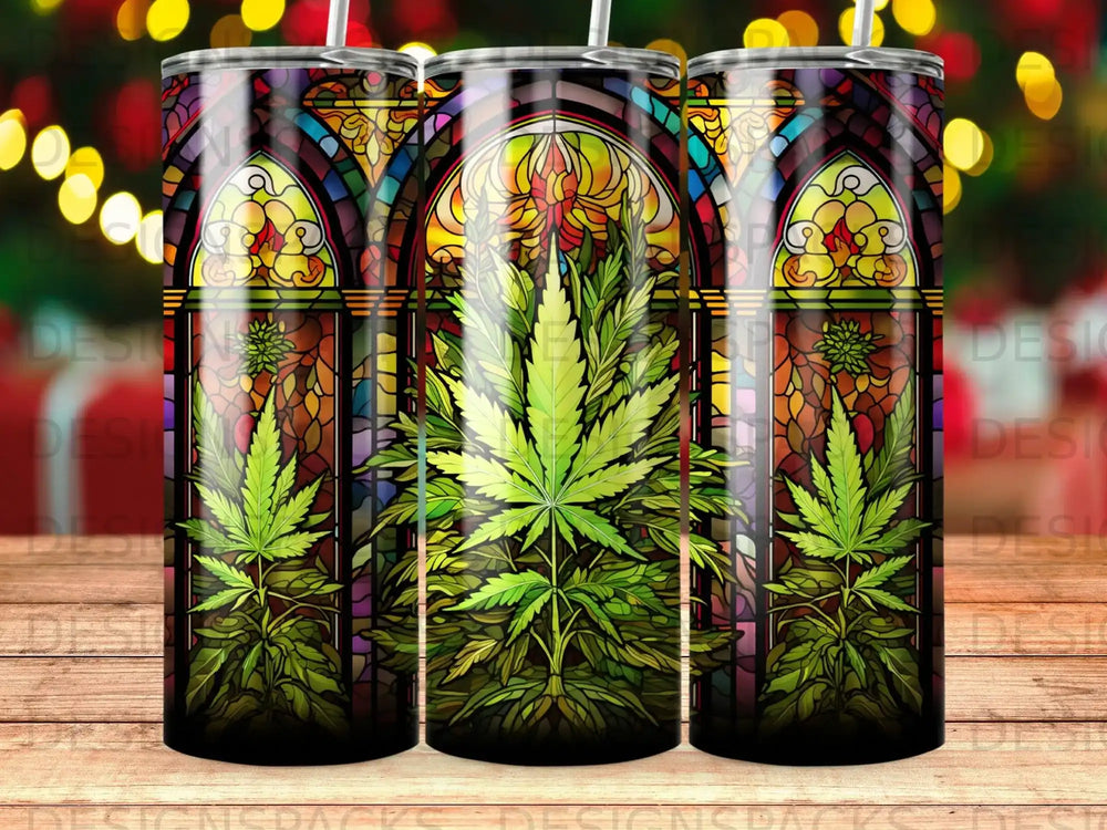 Stained glass cannabis leaf design on a tumbler.
