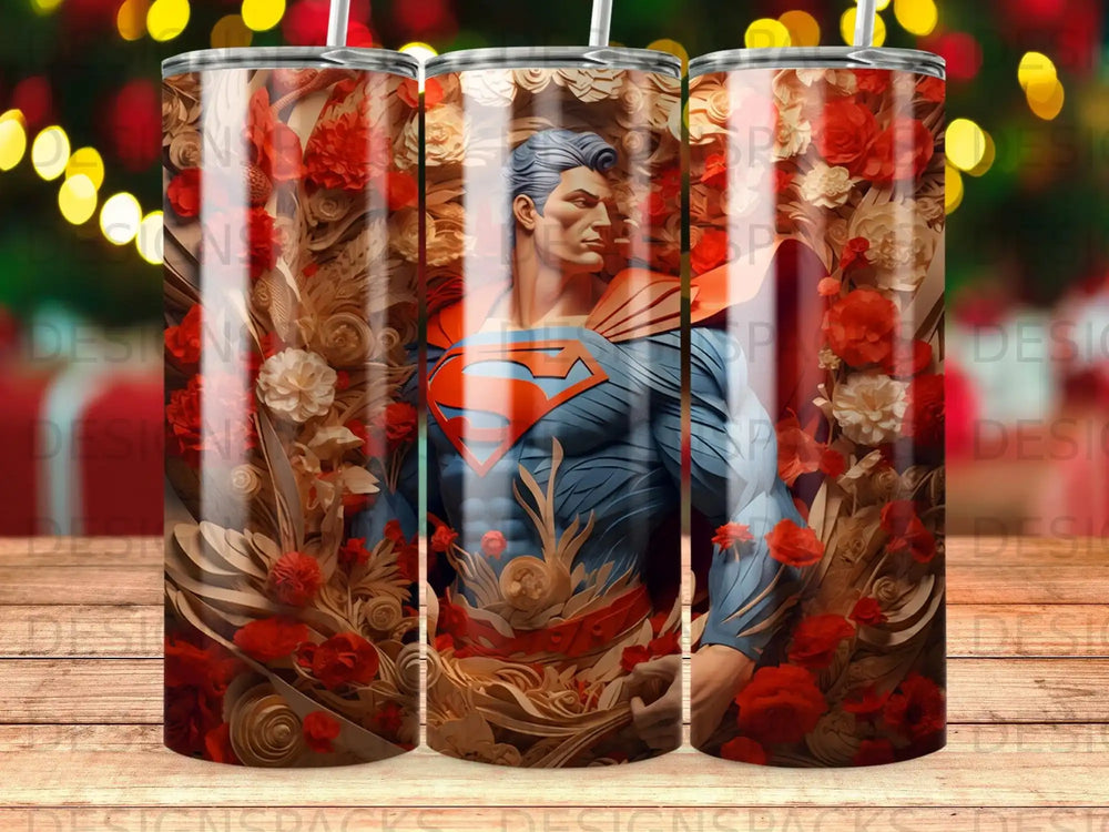 Superman rendered in art deco style, surrounded by red flowers and golden leaves.