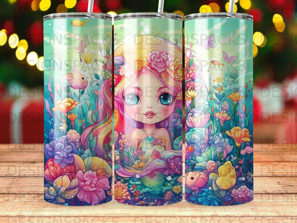 Mermaid with colorful hair surrounded by flowers and sea creatures.
