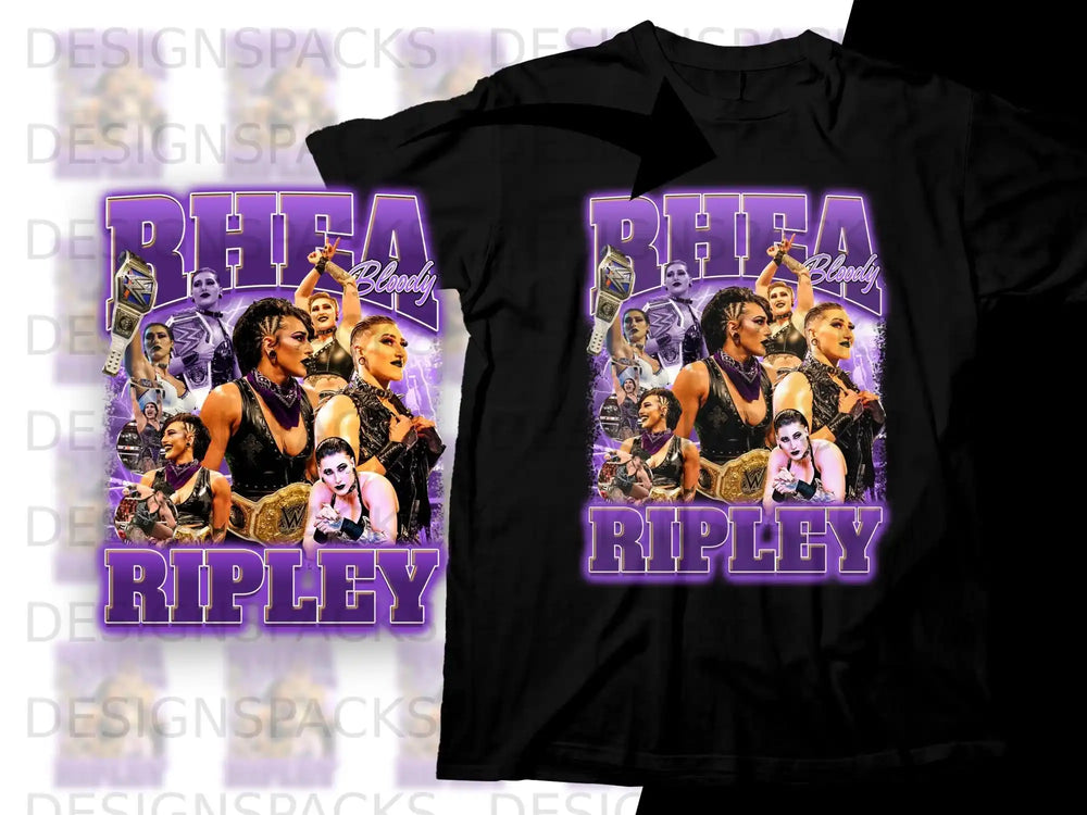 Rhea Ripley "Bloody" t-shirt design with multiple images of the wrestler.