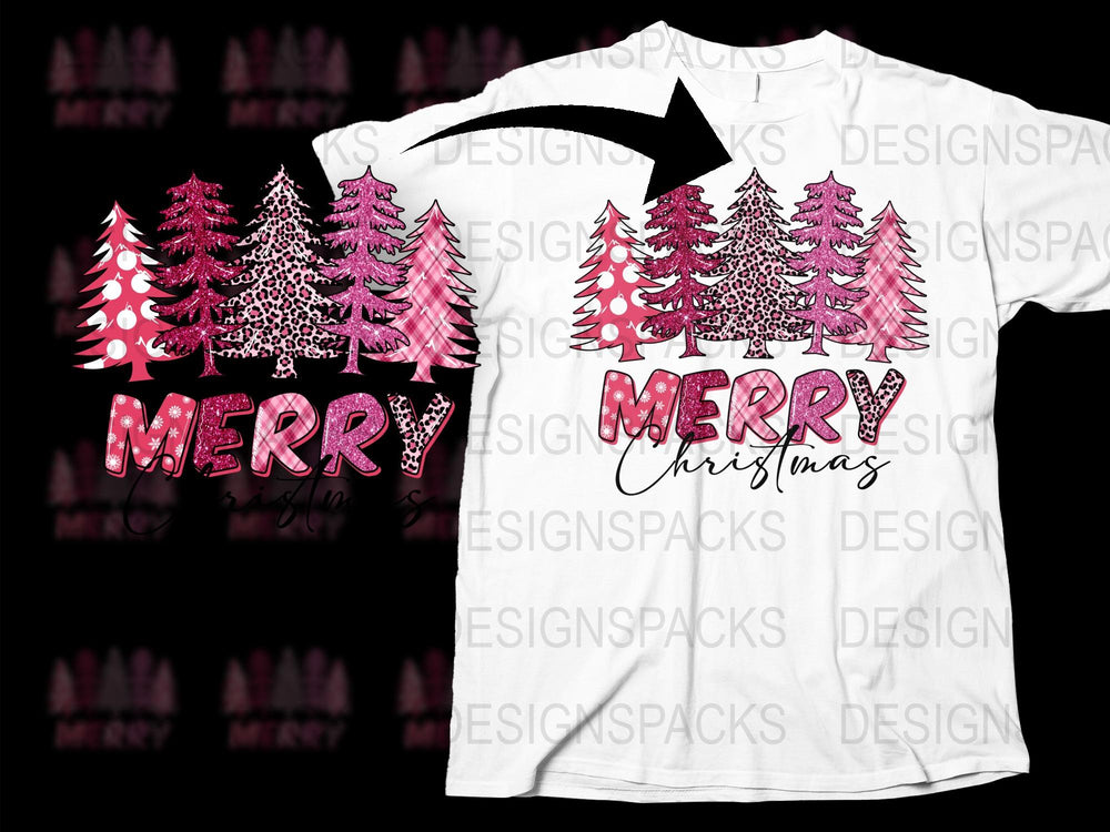 Merry Christmas Pink Trees T-Shirt, Festive Holiday Graphic Tee, Unisex Winter Apparel, Unique Gift Idea
