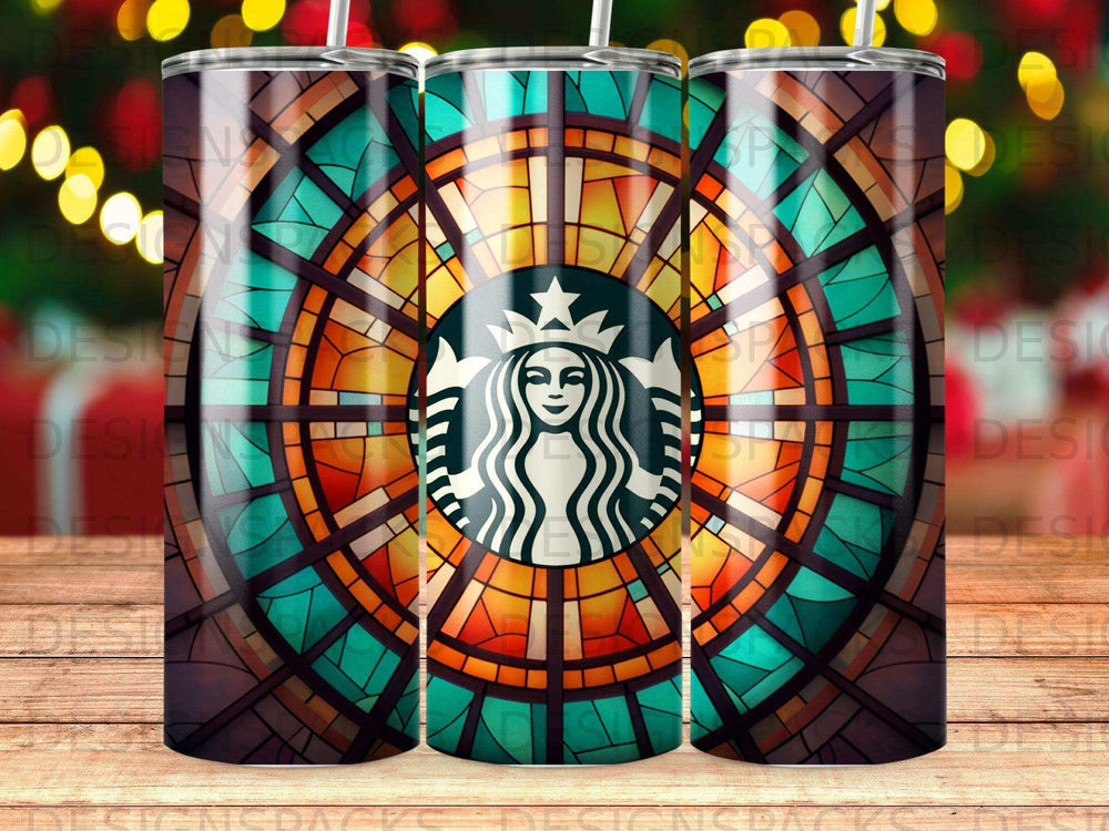 Starbucks logo within a stained glass window design on a tumbler.