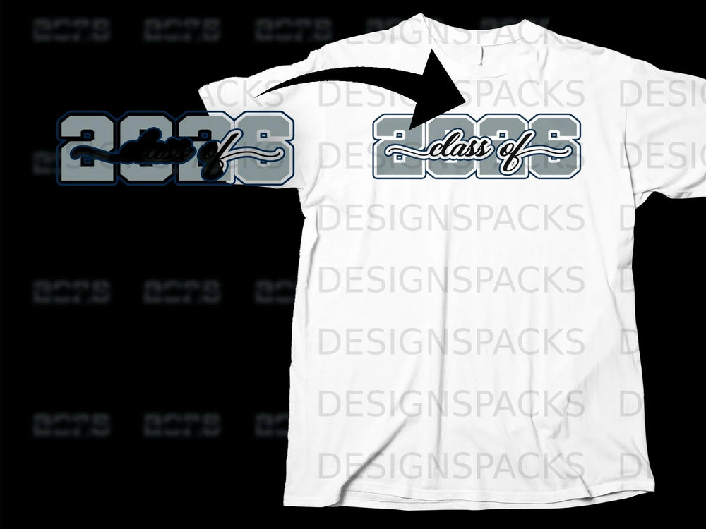 White t-shirt with "Class of 2023" graphics in blue and gray.