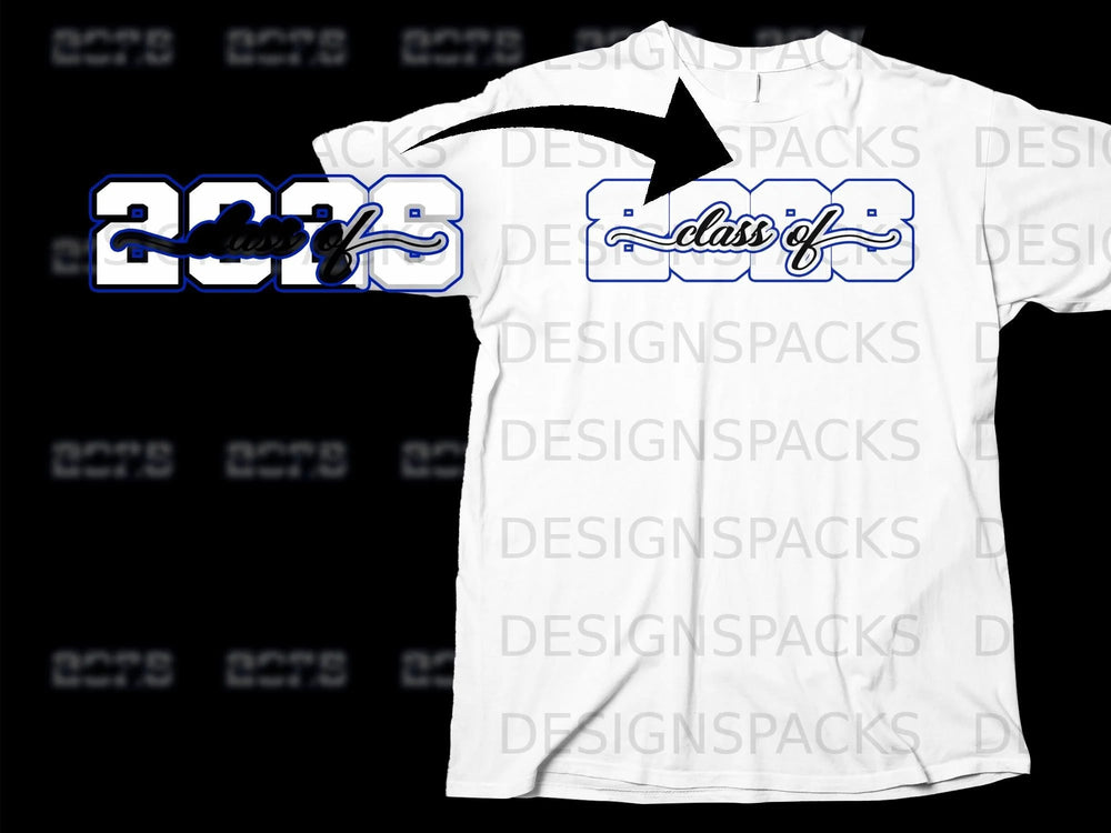 White t-shirt with blue "class of 2028" graphic on the front.