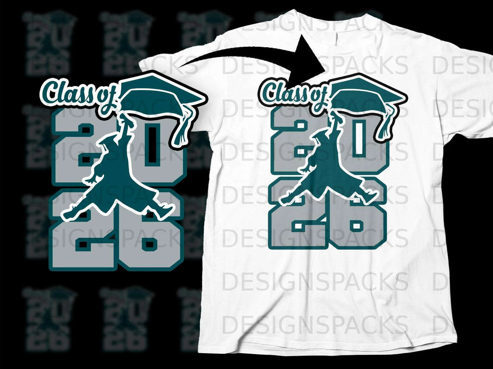 Class of 2026 graphic on a white t-shirt with graduation cap and gown.