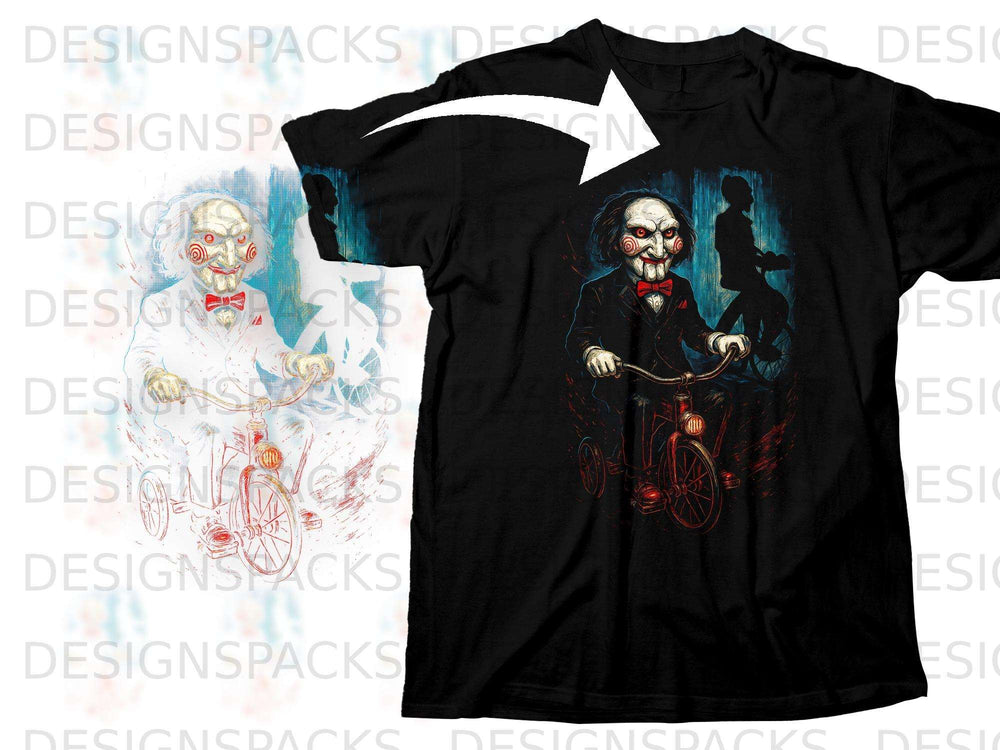 Billy the puppet from Saw riding a tricycle on a black t-shirt.