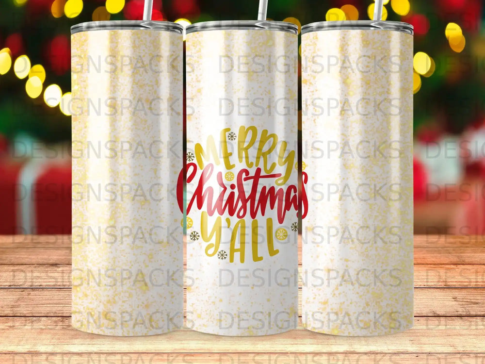 Three tumblers with a "Merry Christmas" design on a blurred background.