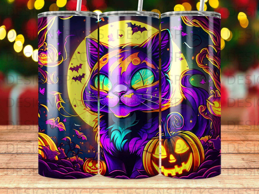 Halloween cat with glowing eyes and pumpkins on a dark, starry background.