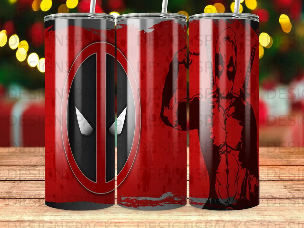 Red tumbler with Deadpool mask and shadowy figure.