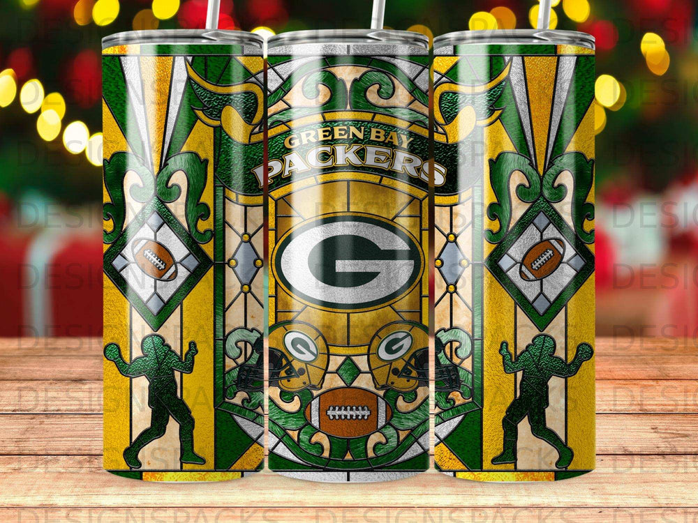 Green Bay Packers logo and team colors on a tumbler with stained glass design.