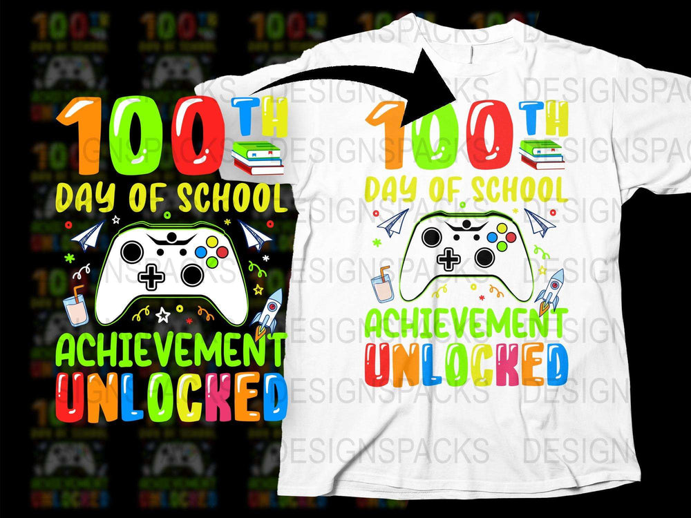 100th Day of School T-Shirt, Achievement Unlocked Gaming Theme Kids Tee