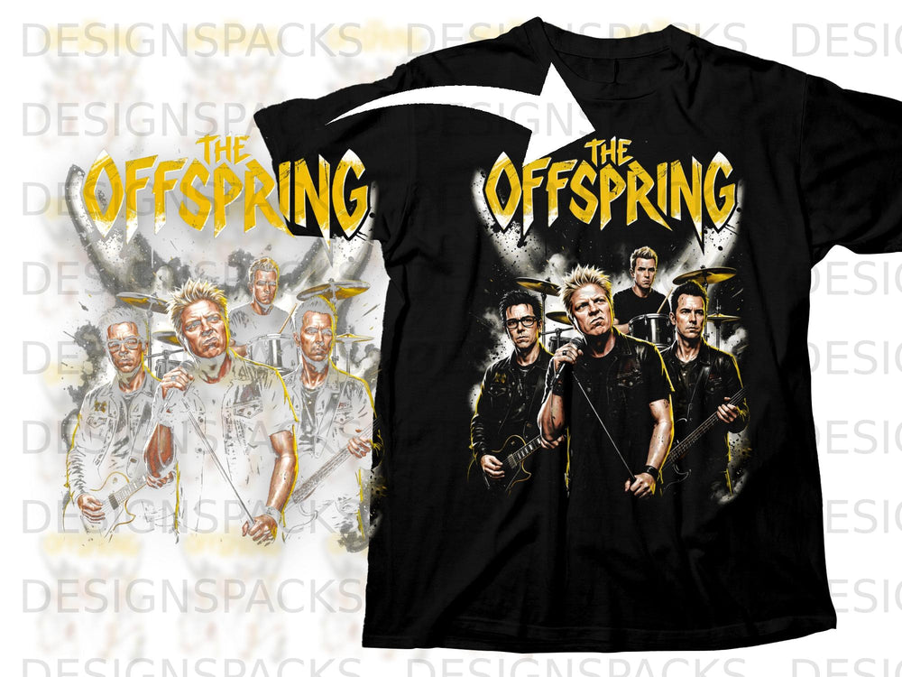 Black t-shirt featuring the band "The Offspring" in a watercolor-style graphic.