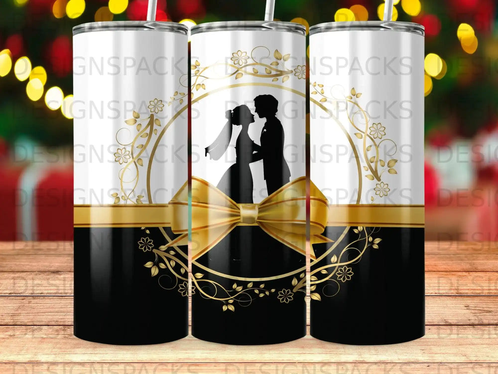 Wedding Couple Silhouette Gold Ribbon Floral Design product type