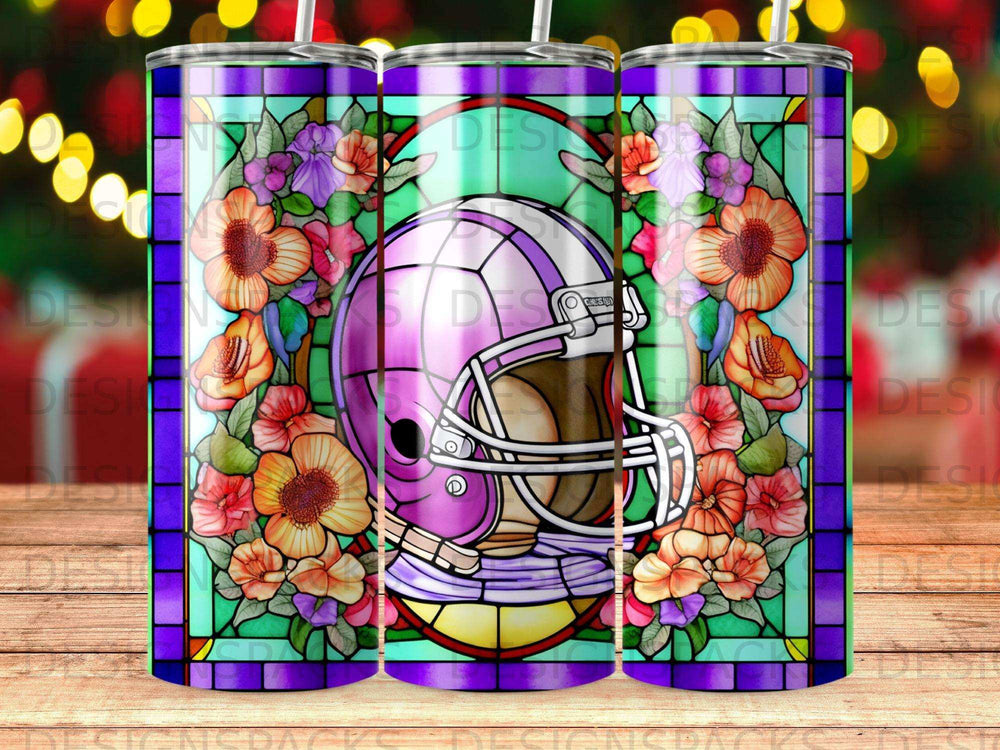 Purple football helmet and colorful stained-glass flowers on a tumbler.