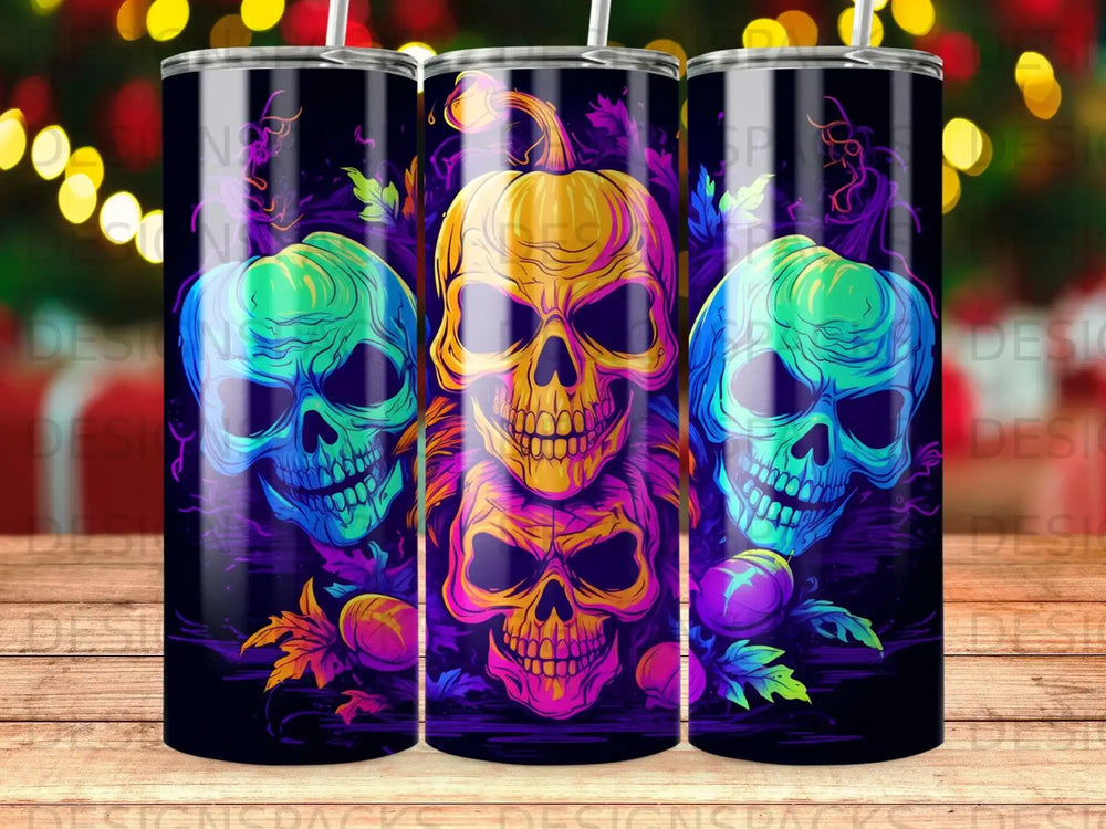 Three skulls with pumpkin and fall leaves, in vibrant purple, green, and orange colors.