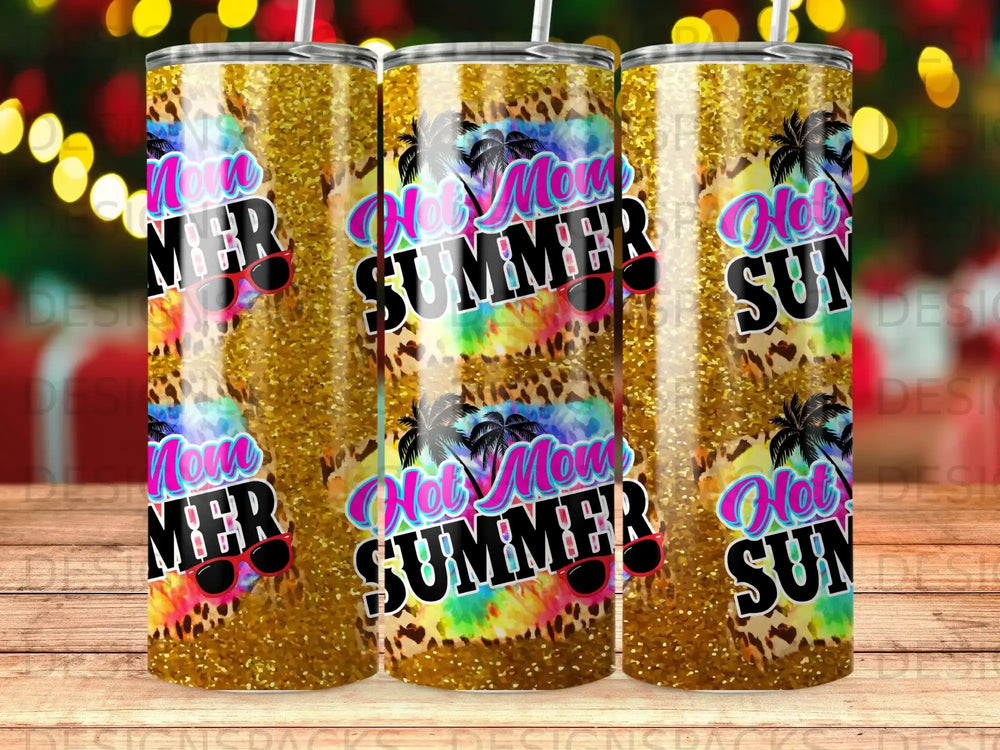 Glittery tumbler wrap with "Not My Mom's Summer" text and palm trees.