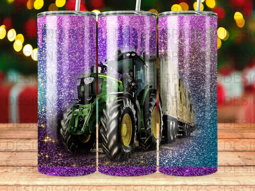 Green tractor pulling a trailer, with shimmering purple and blue background.