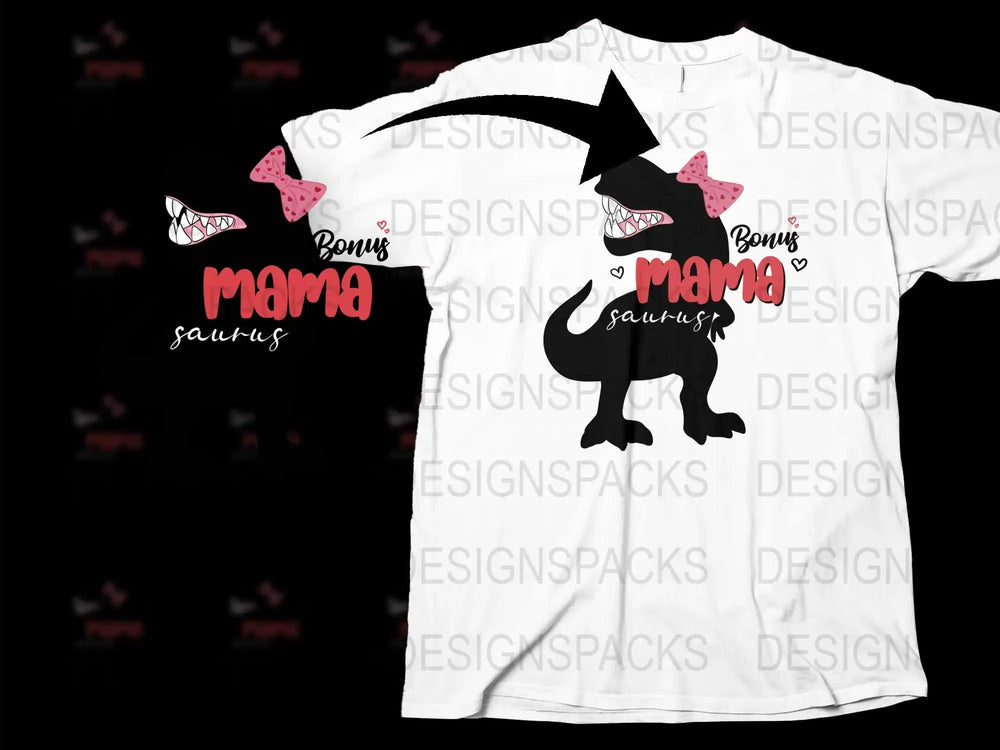 Mama Saurus T-Shirt, Funny Dinosaur Mom Tee, Gift for Mother's Day, White Graphic Shirt with Bonus Decals