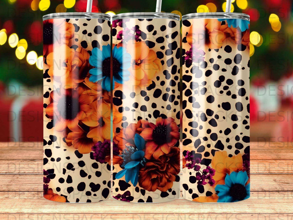 Tumbler with floral pattern and leopard print.