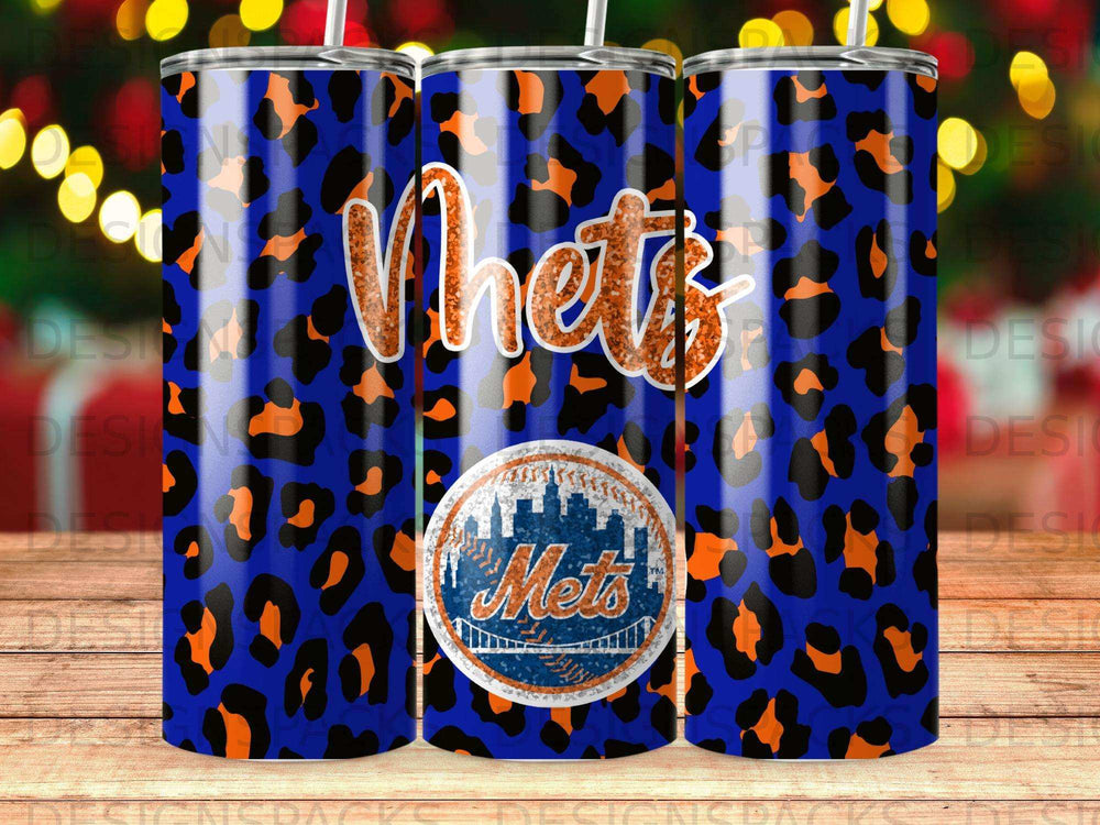 New York Mets leopard print tumbler with team logo.