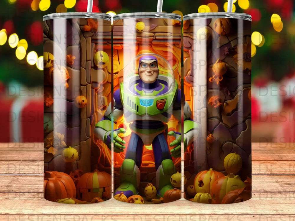 Buzz Lightyear surrounded by pumpkins and autumn leaves.