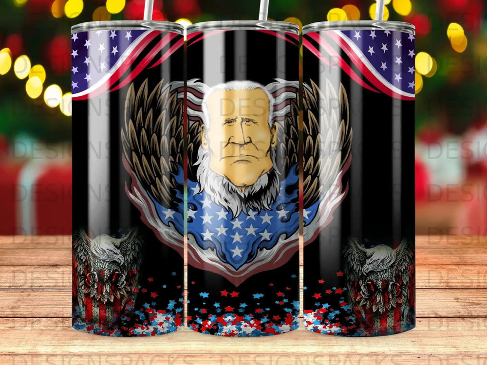 Tumbler with patriotic eagle wings, stars, and a man's face.