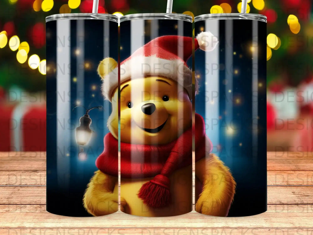 Winnie the Pooh in Santa hat with scarf and lantern, festive holiday background.
