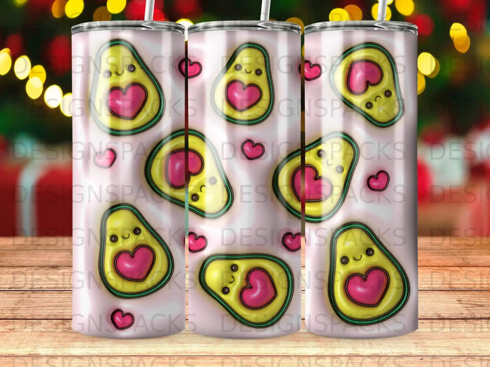 Avocado heart pattern on a pink tumbler with a subtle bokeh background.