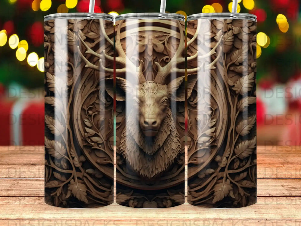 Brown tumbler with intricate deer head carving and ornate floral border.