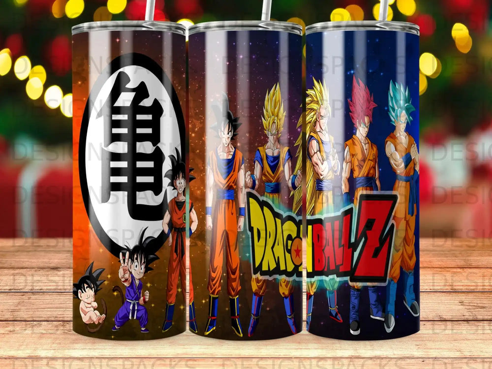 Dragon Ball Z characters Goku in various transformations with anime logo on tumbler.