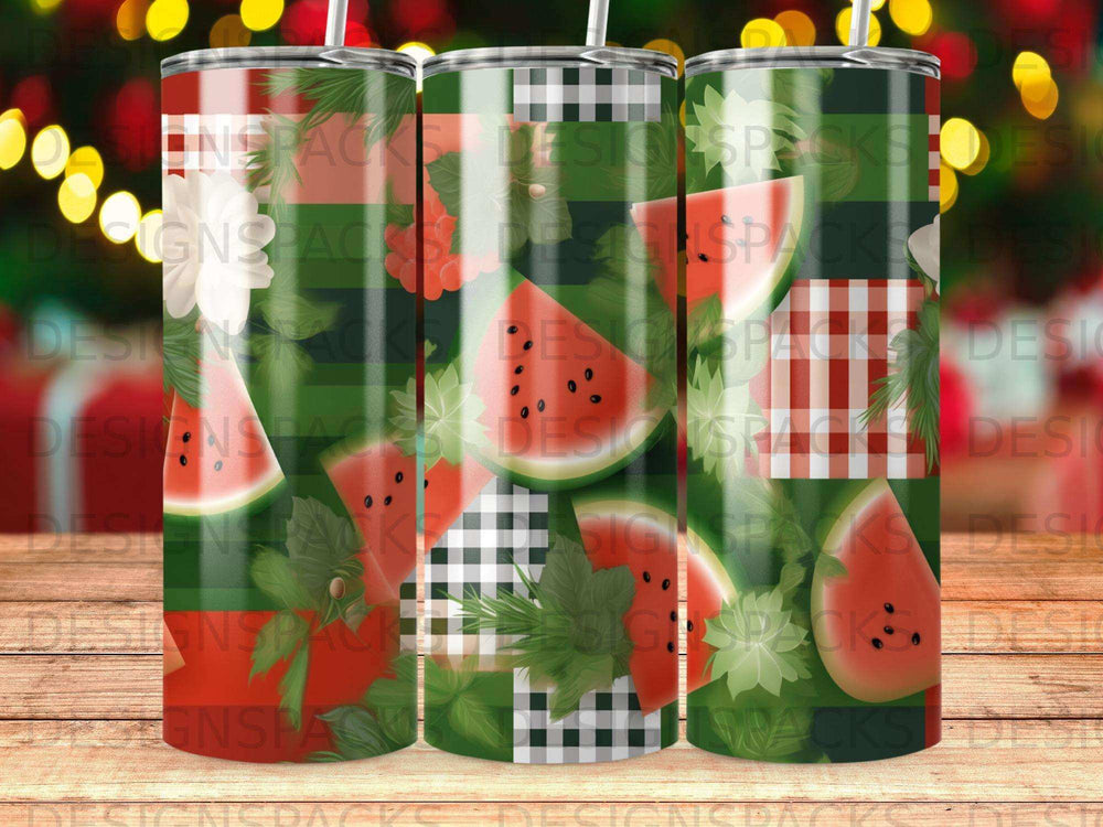 Tumbler with watermelon slices and plaid patterns.