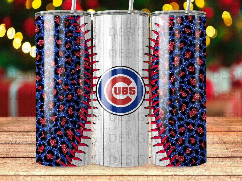 Chicago Cubs baseball themed tumbler with a leopard print and red stitching design.