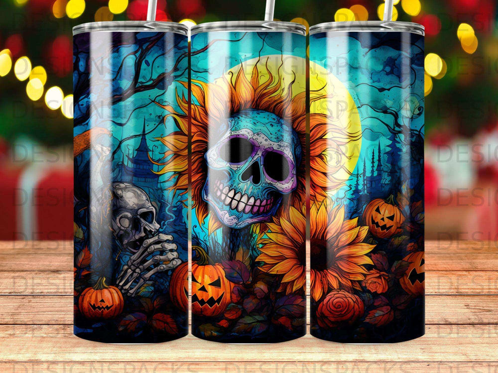 Halloween-themed tumbler with a skull, pumpkins, and sunflowers under a moonlit sky.