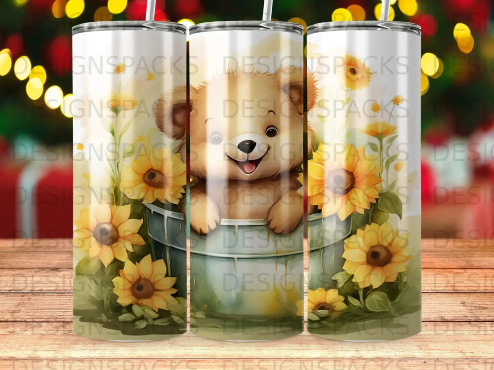 Smiling bear peeking from a bucket of sunflowers.