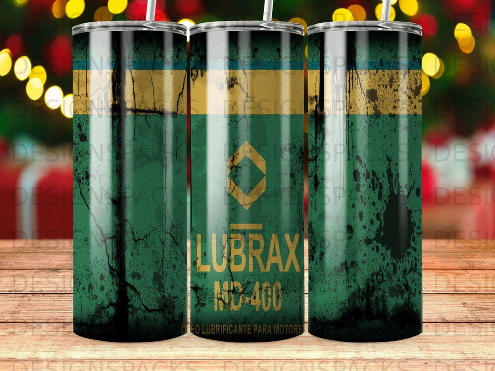Lubrax MD-400 engine oil canister with distressed green and yellow abstract design.