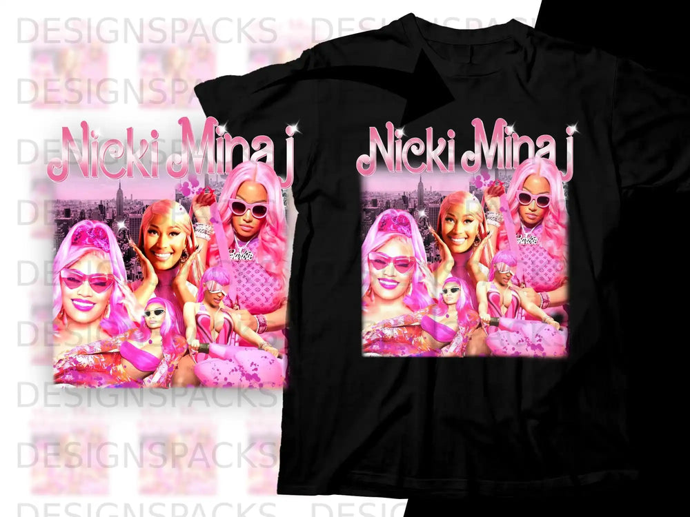 Nicki Minaj "Barbie" graphic tee with pink background and multiple images of the artist.