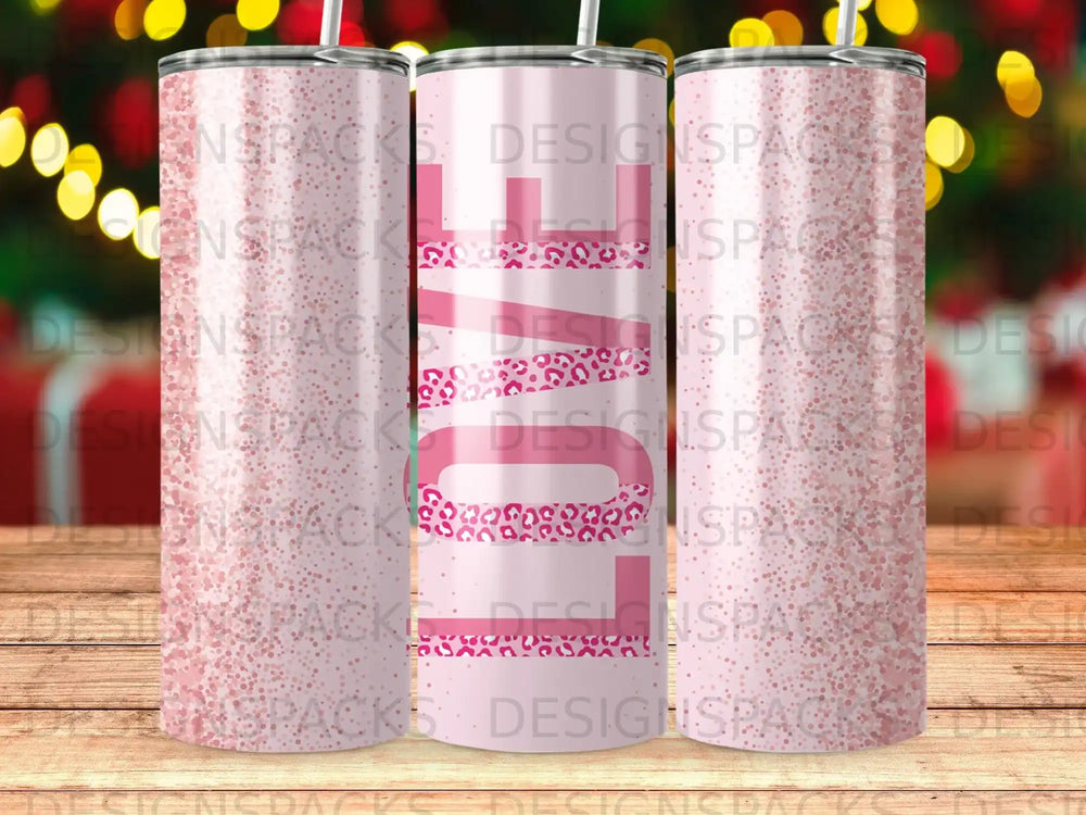 Pink glitter tumbler with "LOVE" text design.