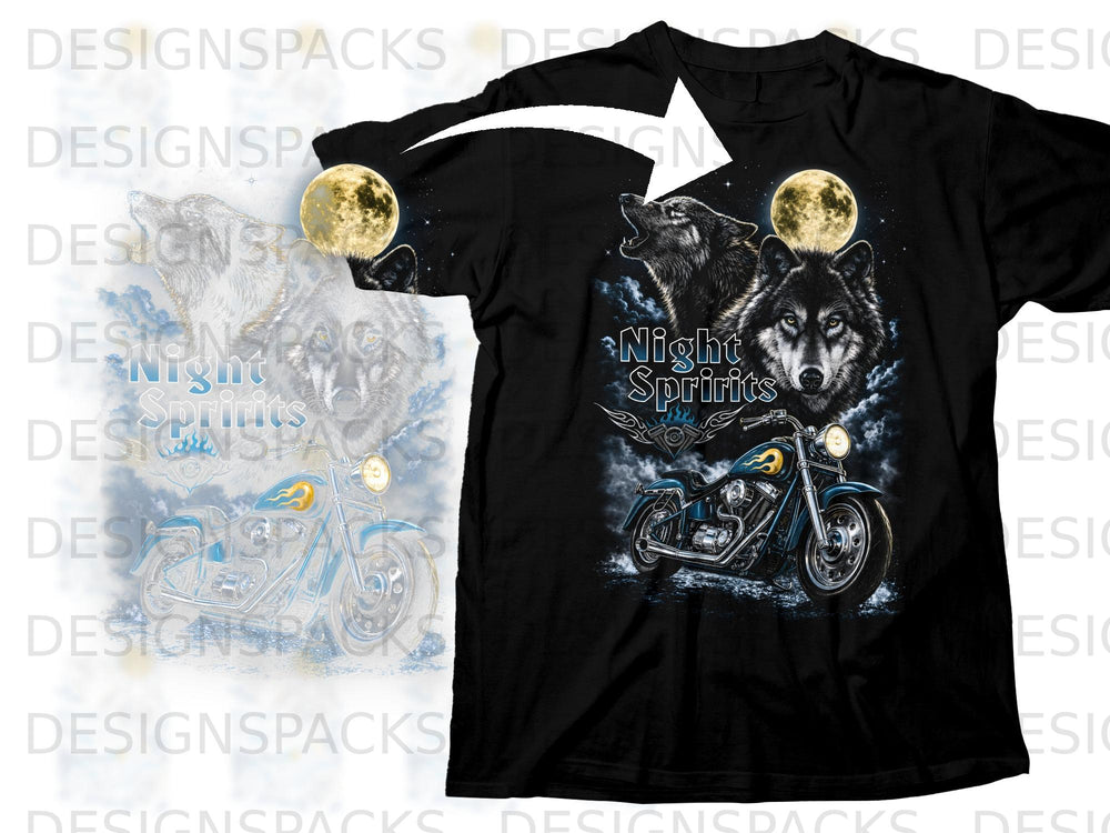 Black t-shirt with wolves, moon, and motorcycle graphic that says "Night Spirits".