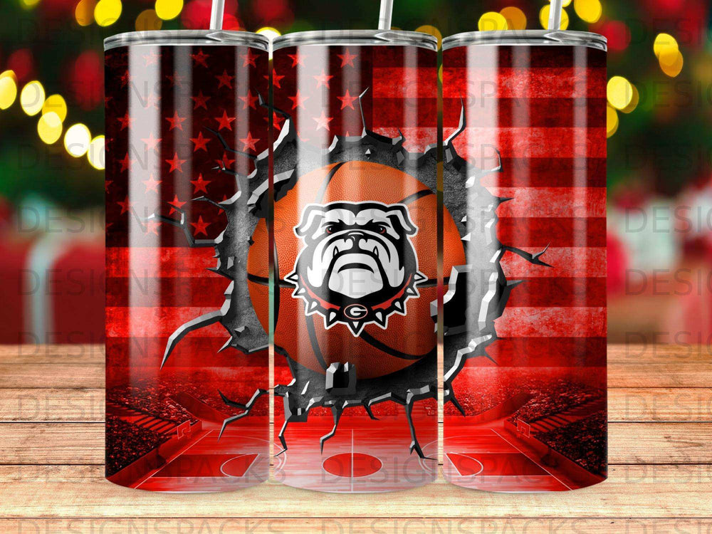 Bulldog logo on basketball against ripped American flag and stadium background.