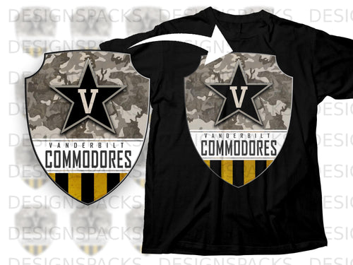 Black t-shirt featuring a Vanderbilt Commodores shield with camouflage and black/gold stripes.