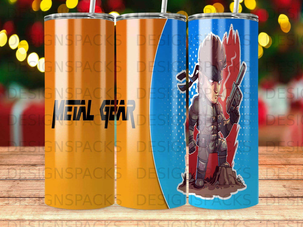 Metal Gear character on a patterned tumbler with "Metal Gear" text.