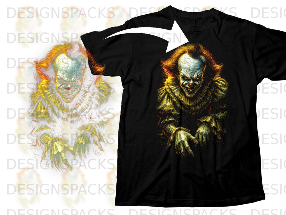 Black t-shirt with a detailed illustration of a menacing clown's face and hands.
