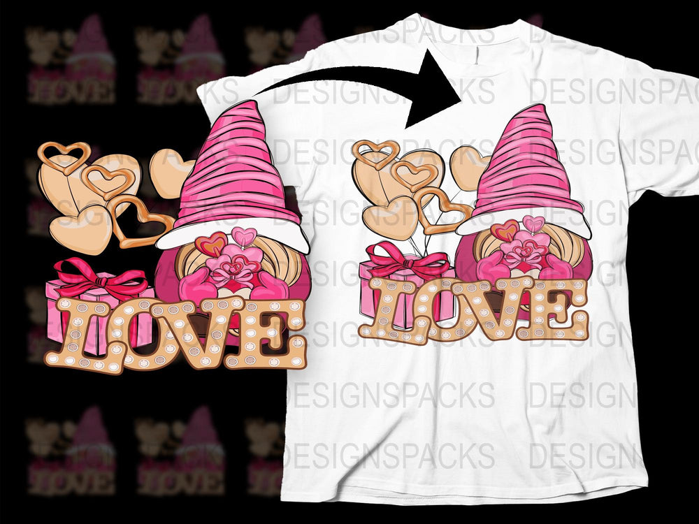 Valentine's Day Love Gnome T-Shirt, Cute Pink Gnome Graphic Tee, Romantic Gift Idea, Heart Design Casual Wear