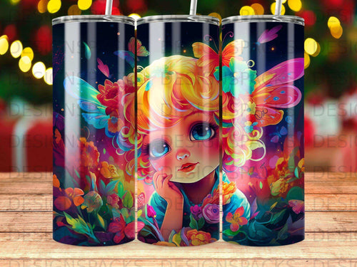 Girl with colorful butterflies and flowers in hair, surrounded by vibrant nature.
