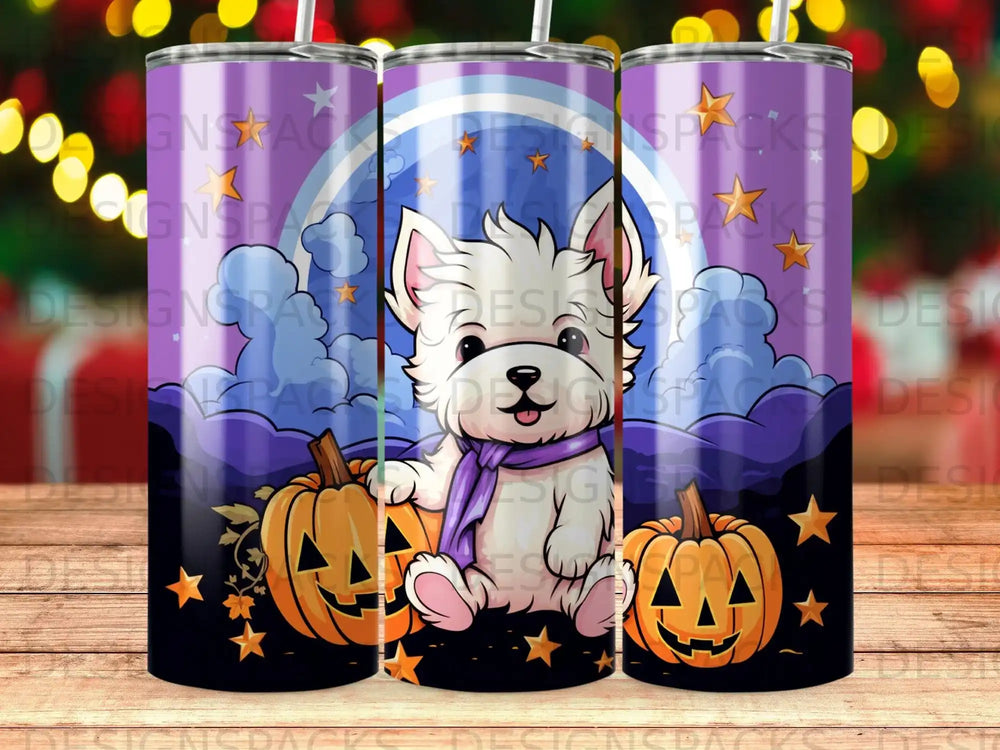 West Highland White Terrier with pumpkins and stars on purple tumbler.