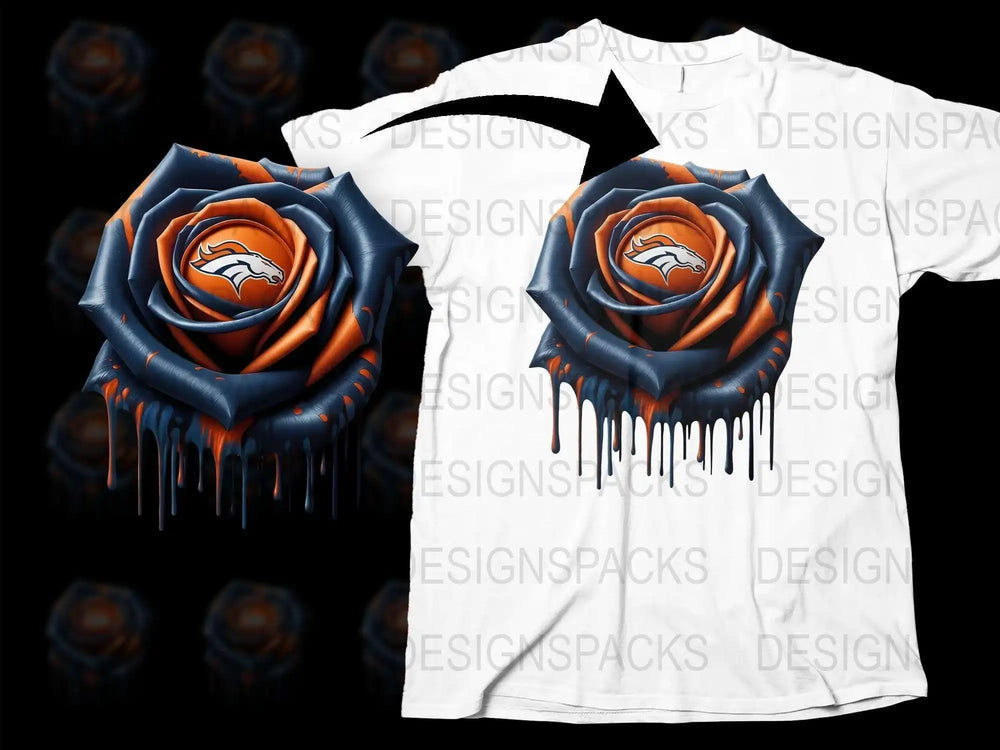 Denver Football Team Rose Logo T-Shirt, Dripping Paint Graphic Tee, Orange and Blue, Sports Fan Apparel, Unique Gift Idea