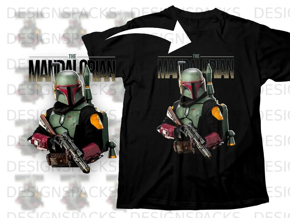 Boba Fett from The Mandalorian on a black t-shirt.