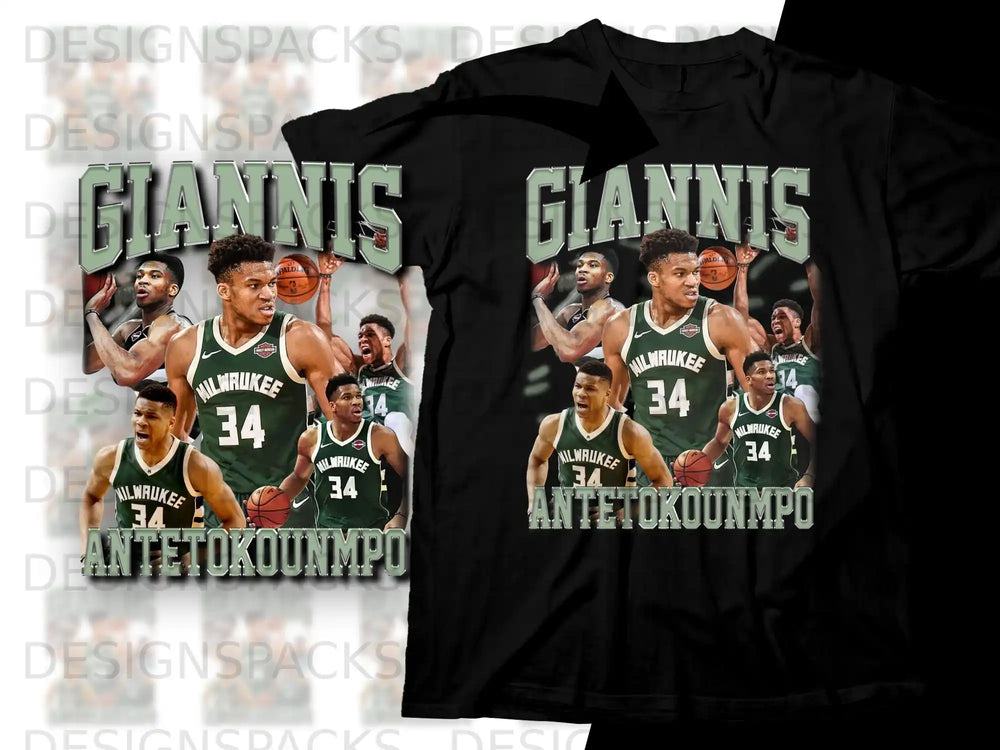 Giannis Antetokounmpo "34" Milwaukee Bucks t-shirt design with collage of player images.