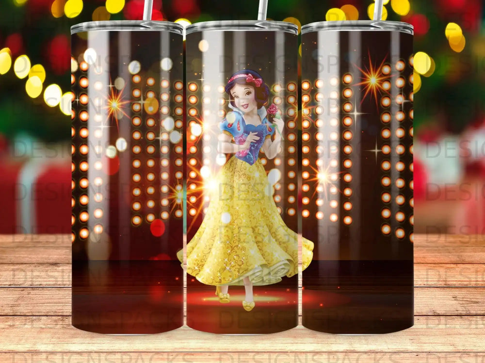 Snow White holding an apple with a sparkly background of lights.