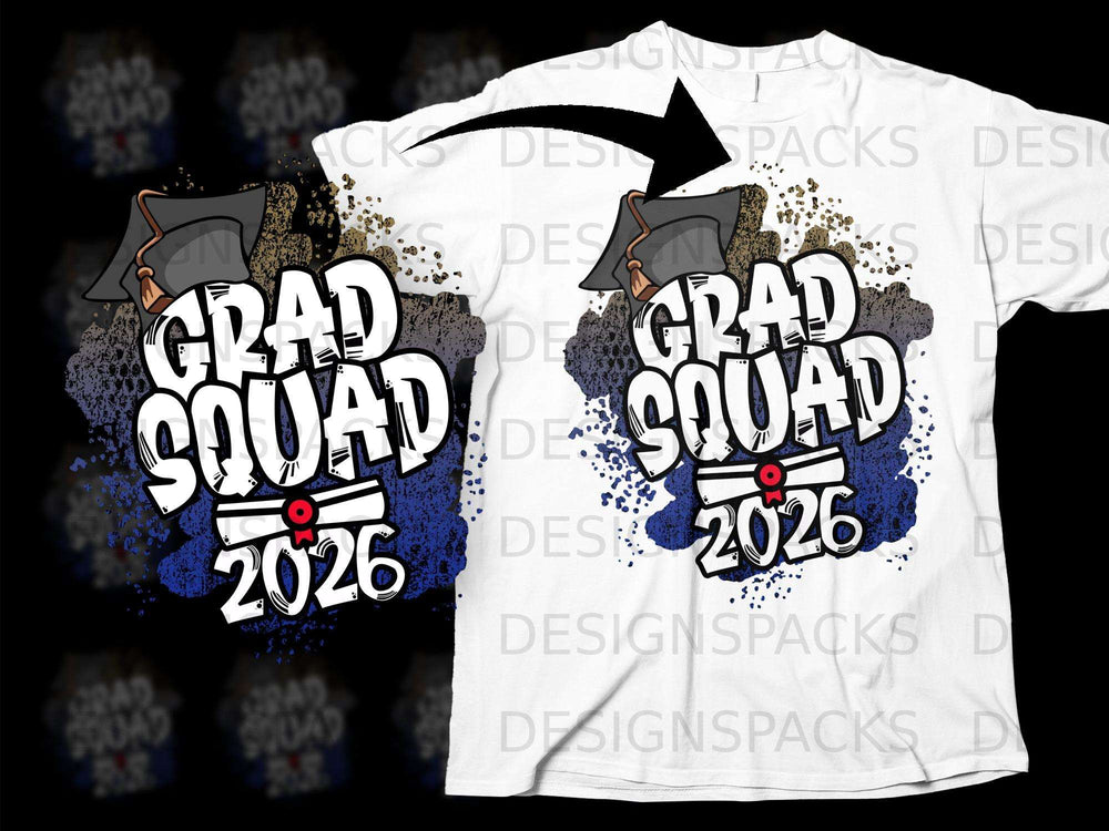 Grad Squad 2026 graphic with graduation cap and diploma on a white t-shirt.